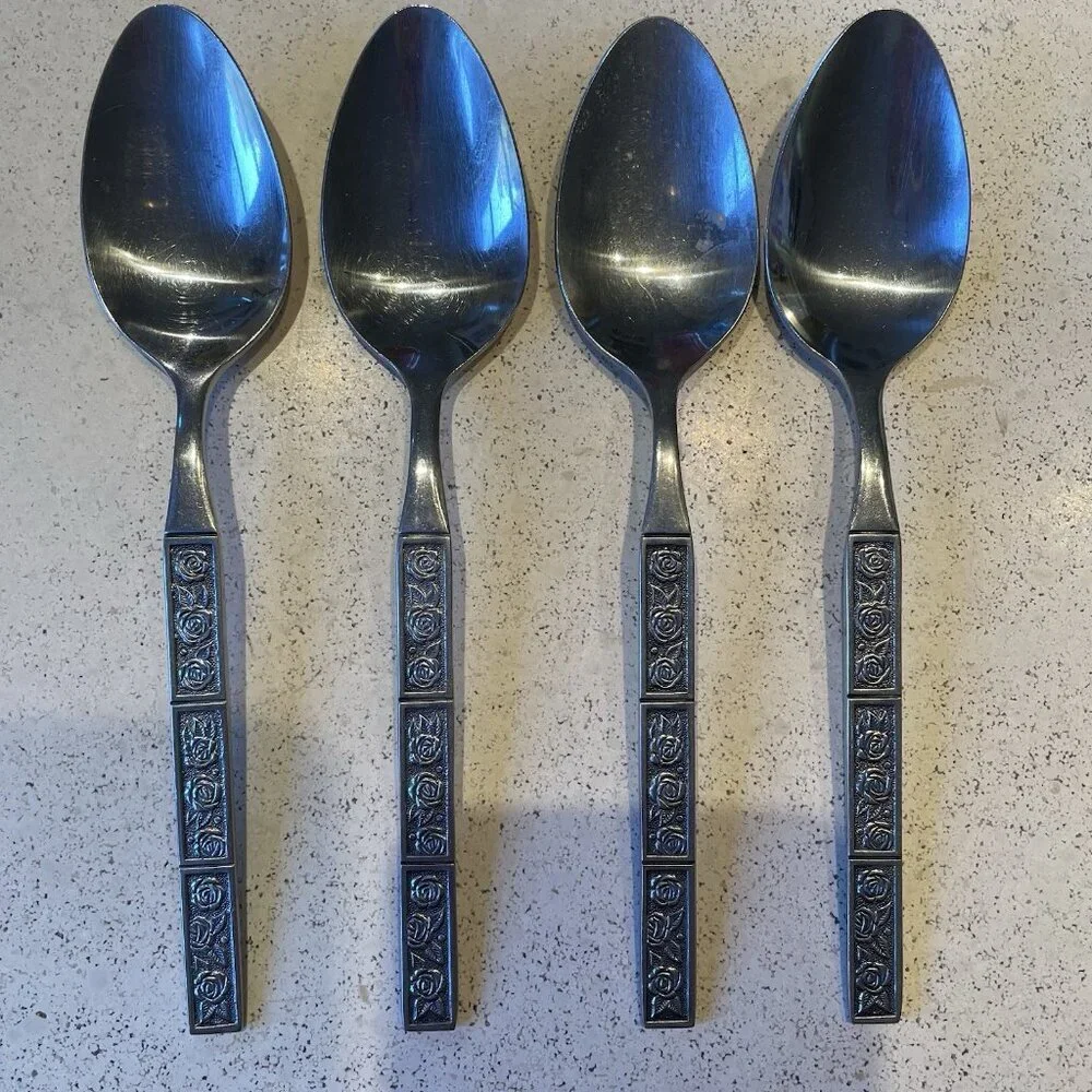 Stanley Roberts Stainless DORETTE Roses Floral Pattern 4 Table / Soup Spoons 7''